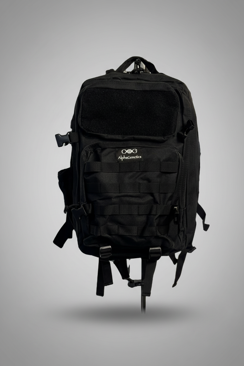 AlphaGenetics Molle Backpack 45L vor hellgrauem Studiohintergrund