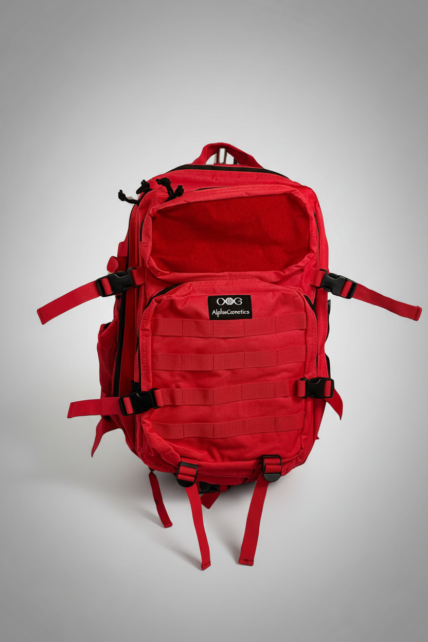 AlphaGenetics Molle Backpack 45L vor hellgrauem Studiohintergrund
