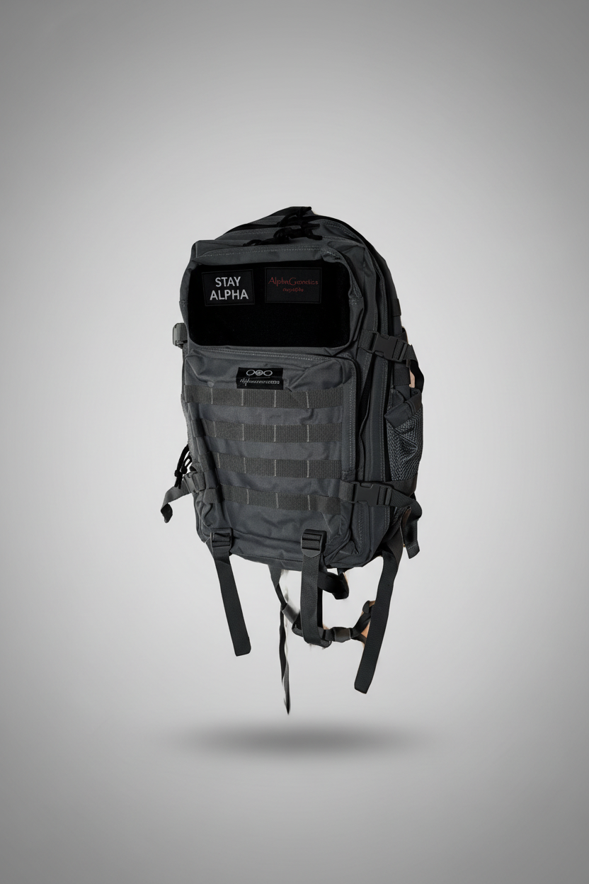 AlphaGenetics Molle Backpack 45L vor hellgrauem Studiohintergrund