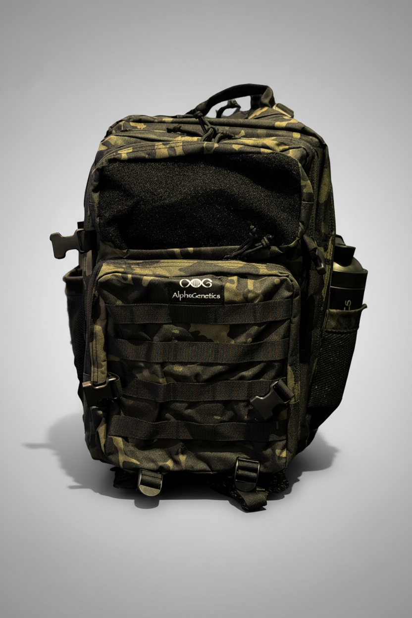 AlphaGenetics Molle Backpack 45L vor hellgrauem Studiohintergrund